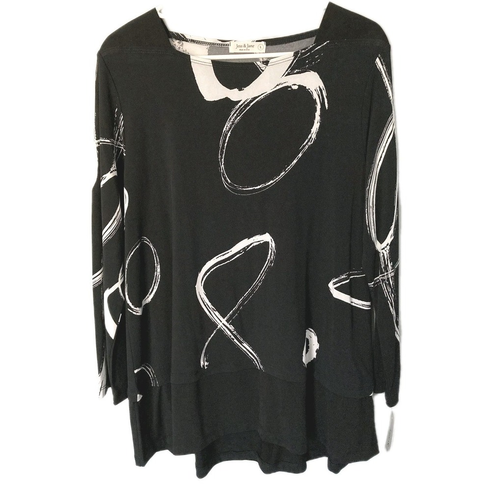 Jess & Jane Tunic Top Women L Black Olivia Abstract Boat Neck 3/4 Sleeve USA NWT